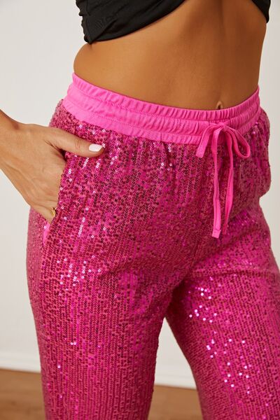 TEEK - Hot Pink Sequin Drawstring Pants with Pockets PANTS TEEK Trend   