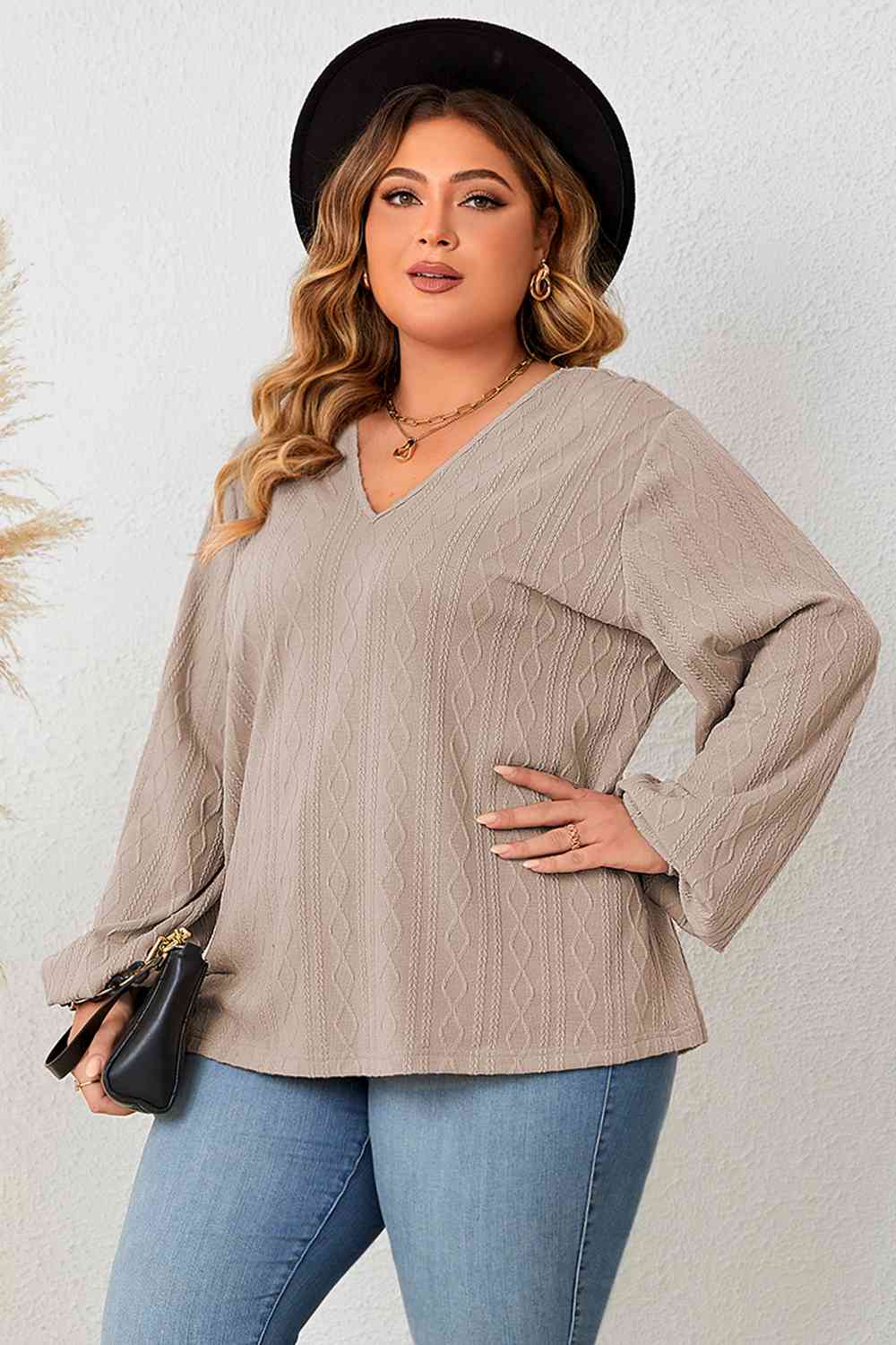 TEEK - Taupe Plus Size Lace V-Neck Long Sleeve Blouse TOPS TEEK Trend   