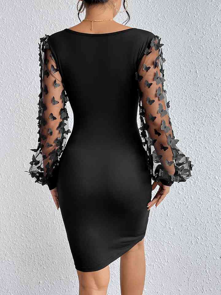 TEEK - Black Butterfly Lantern Sleeve V-Neck Mini Dress DRESS TEEK Trend   