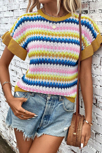 TEEK - Striped Multicolor Short Sleeve Sweater TOPS TEEK Trend   
