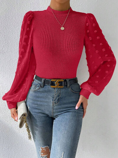 TEEK - Swiss Dot Waffle-Knit Lantern Sleeve Top TOPS TEEK Trend Scarlet S 