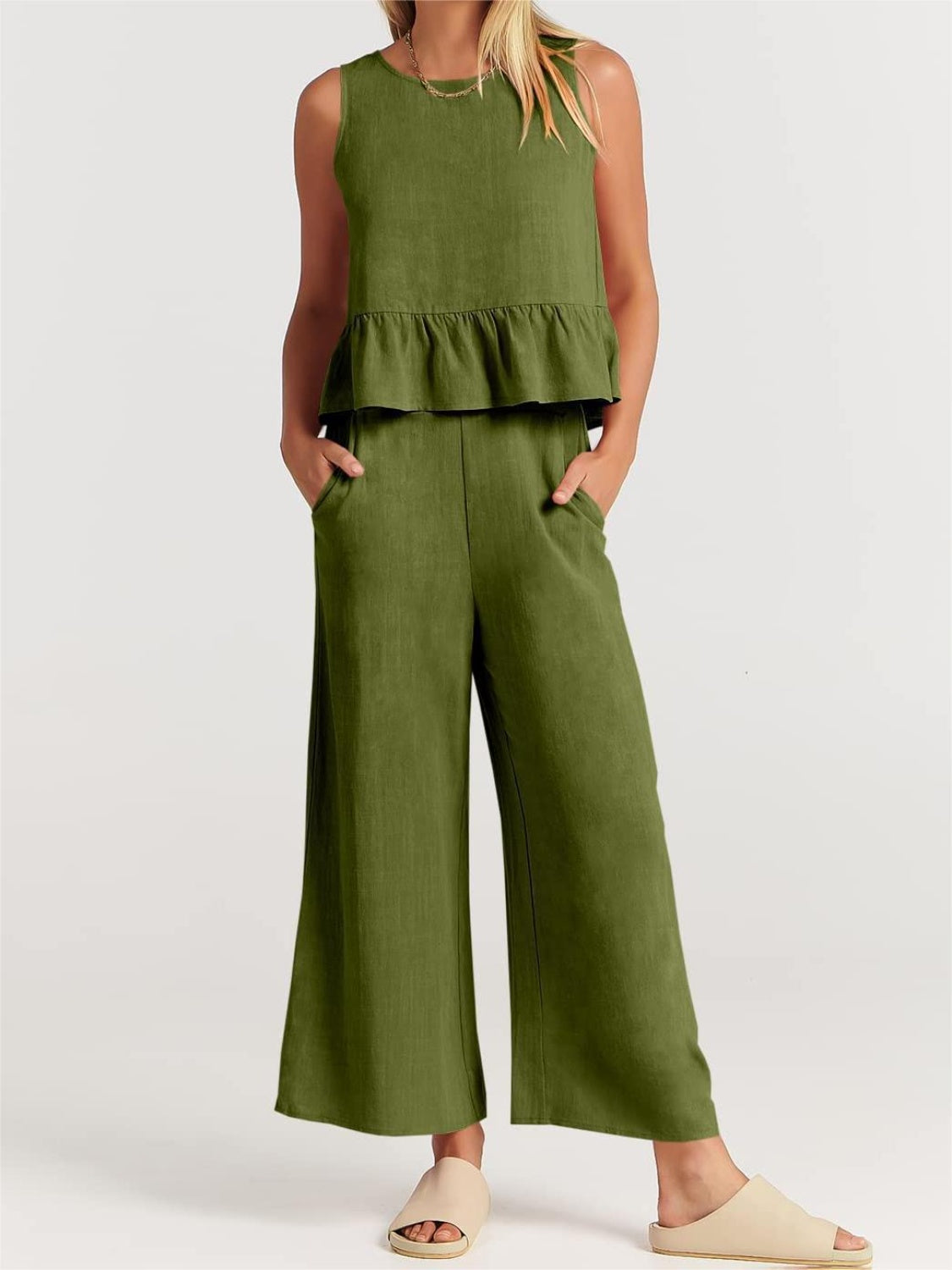 TEEK - Ruffle Bottom Top and Wide Leg Pants Set SET TEEK Trend Moss S 