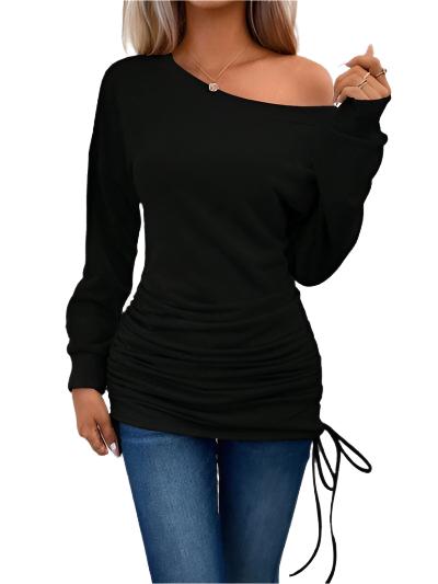 TEEK - Ruched Single Shoulder Long Sleeve Top TOPS TEEK Trend Black S 