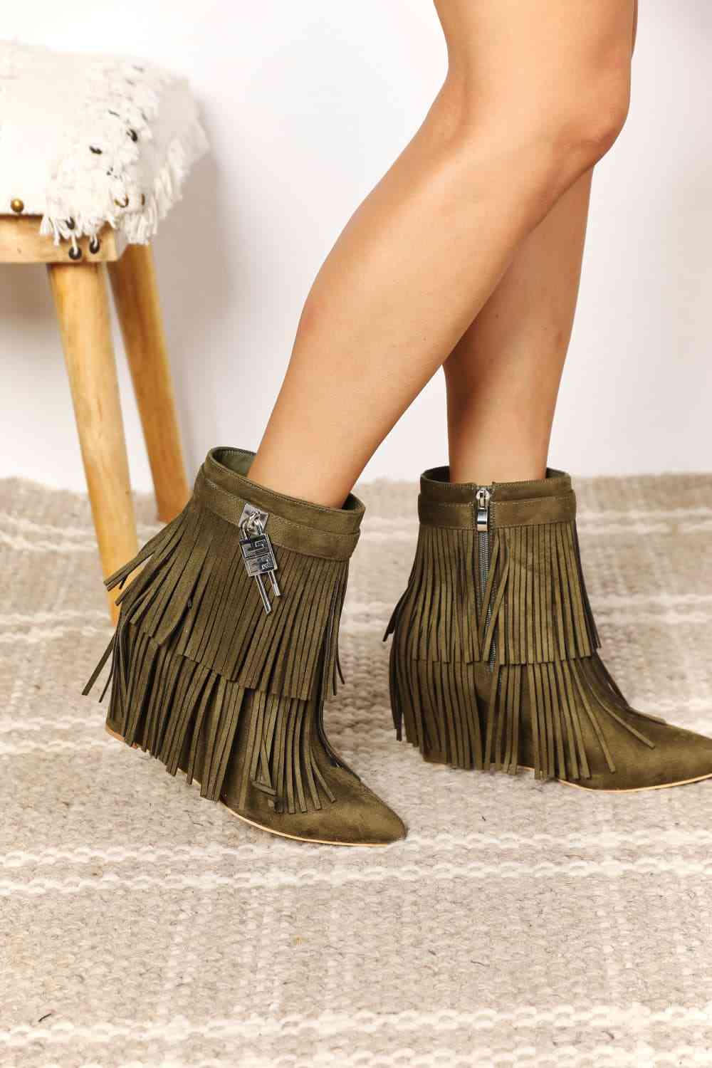TEEK - Tassel Wedge Heel Ankle Booties | Olive SHOES TEEK Trend   
