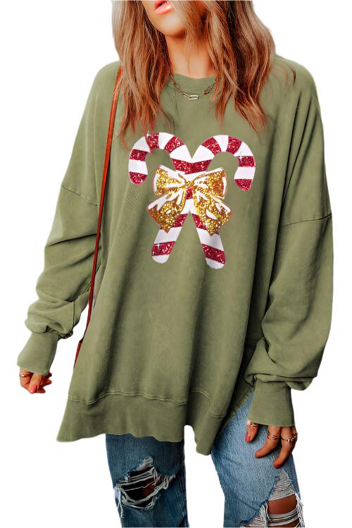 TEEK - Sequin Candy Cane Slit Sweatshirt TOPS TEEK Trend Matcha Green S 