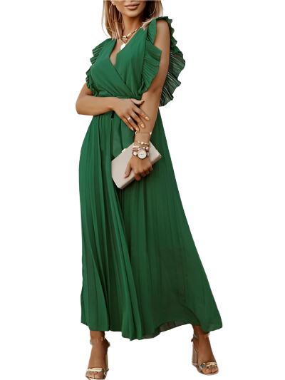 TEEK - Tied Cap Sleeve Pleated Dress DRESS TEEK Trend Green S 