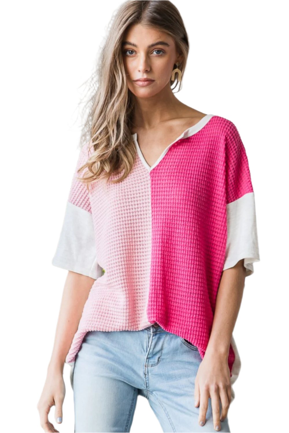 TEEK - Fuchsia Contrast Waffle-Knit Half Sleeve Blouse TOPS TEEK Trend Fuchsia S 