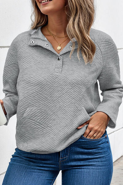 TEEK - Plus Size Charcoal Texture Half Snap Sweatshirt TOPS TEEK Trend   