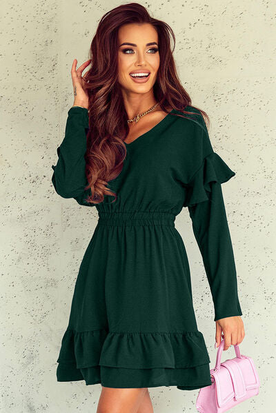 TEEK - Green Ruffled V-Neck Mini Dress DRESS TEEK Trend   