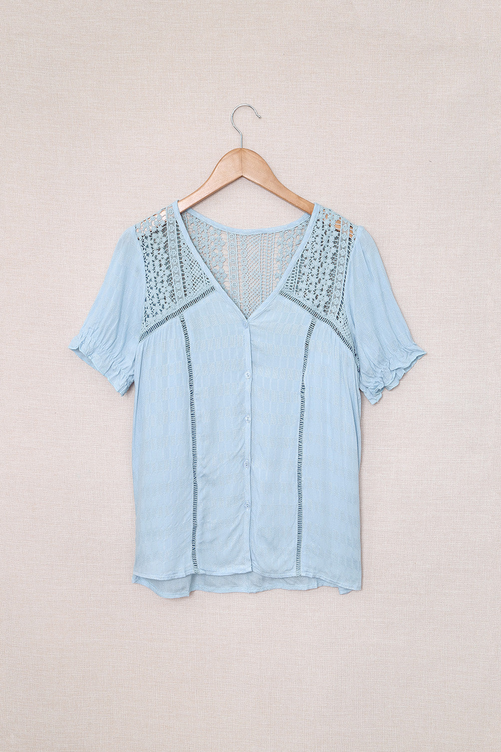TEEK - Misty Blue Lace Button Up Short Sleeve Shirt TOPS TEEK Trend S  