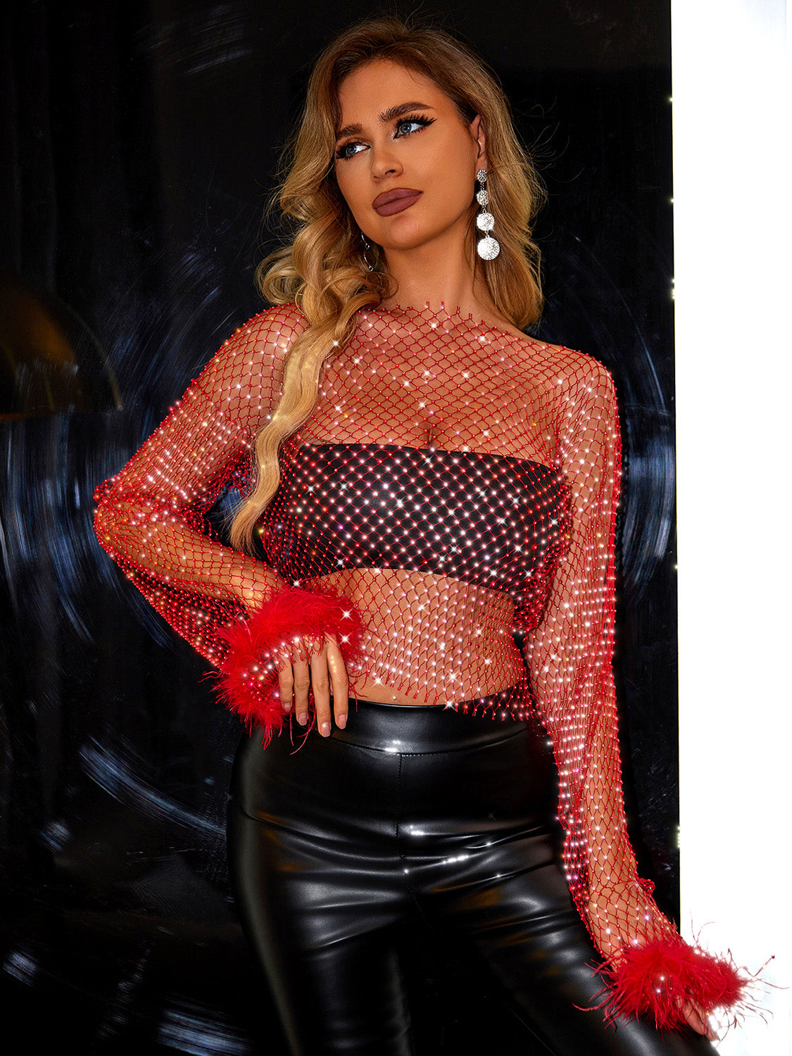 TEEK - Red Rhinestone Net Long Sleeve Top TOPS TEEK Trend   