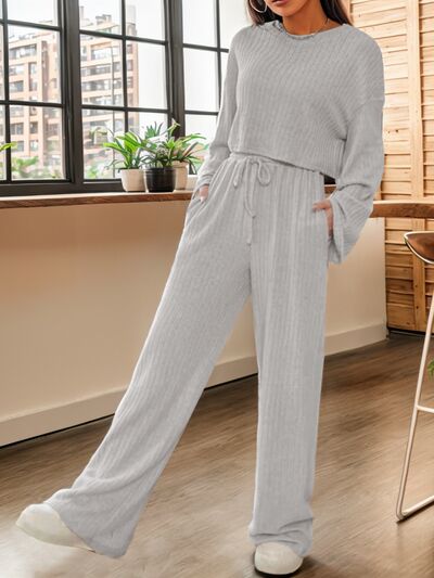 TEEK - Ribbed Crop Top and Drawstring Pants Set SET TEEK Trend Heather Gray XS 