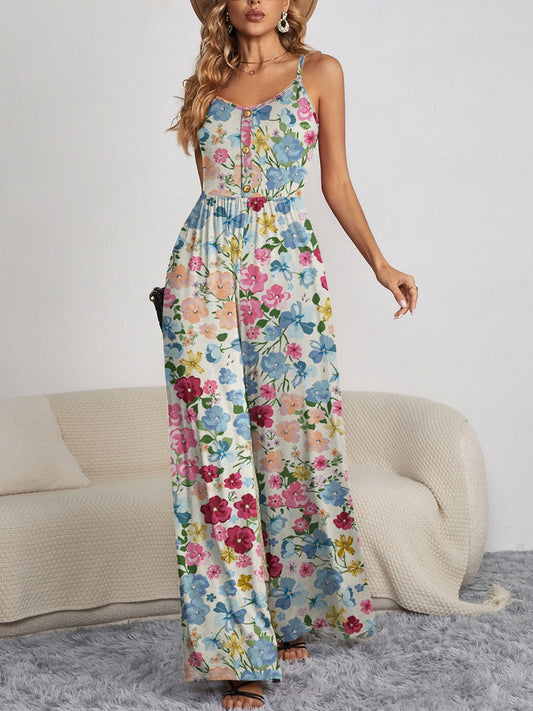 TEEK - Floral Button Spaghetti Strap Wide Leg Jumpsuit JUMPSUIT TEEK Trend Floral S 