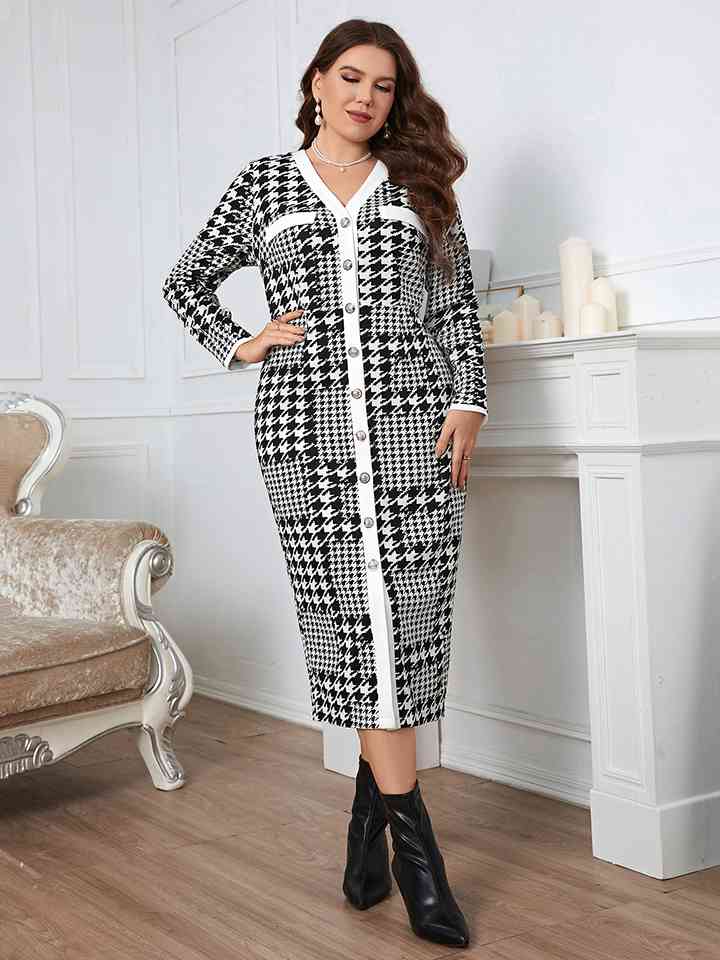 TEEK - Plus Size Houndstooth Long Sleeve Dress DRESS TEEK Trend   