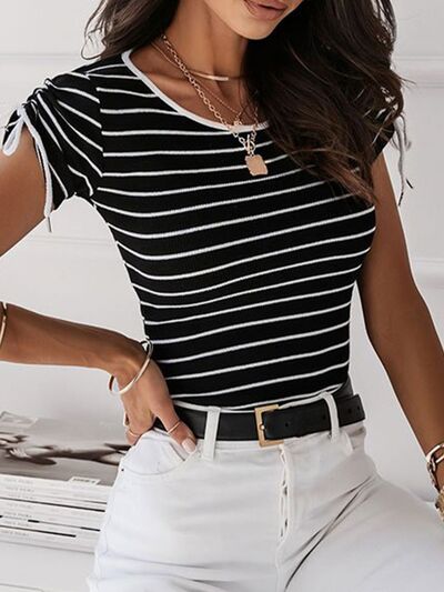 TEEK - Striped Drawstring Short Sleeve Top TOPS TEEK Trend   