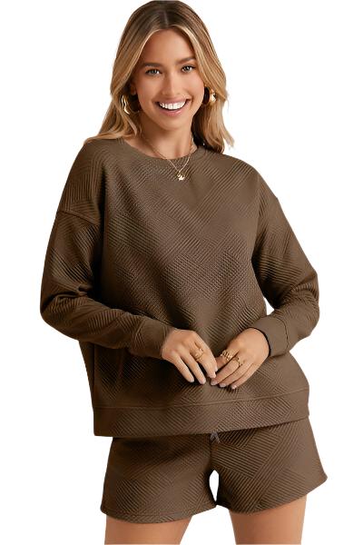 TEEK - Texture Long Sleeve Top and Drawstring Shorts Set SET TEEK Trend Chestnut S 