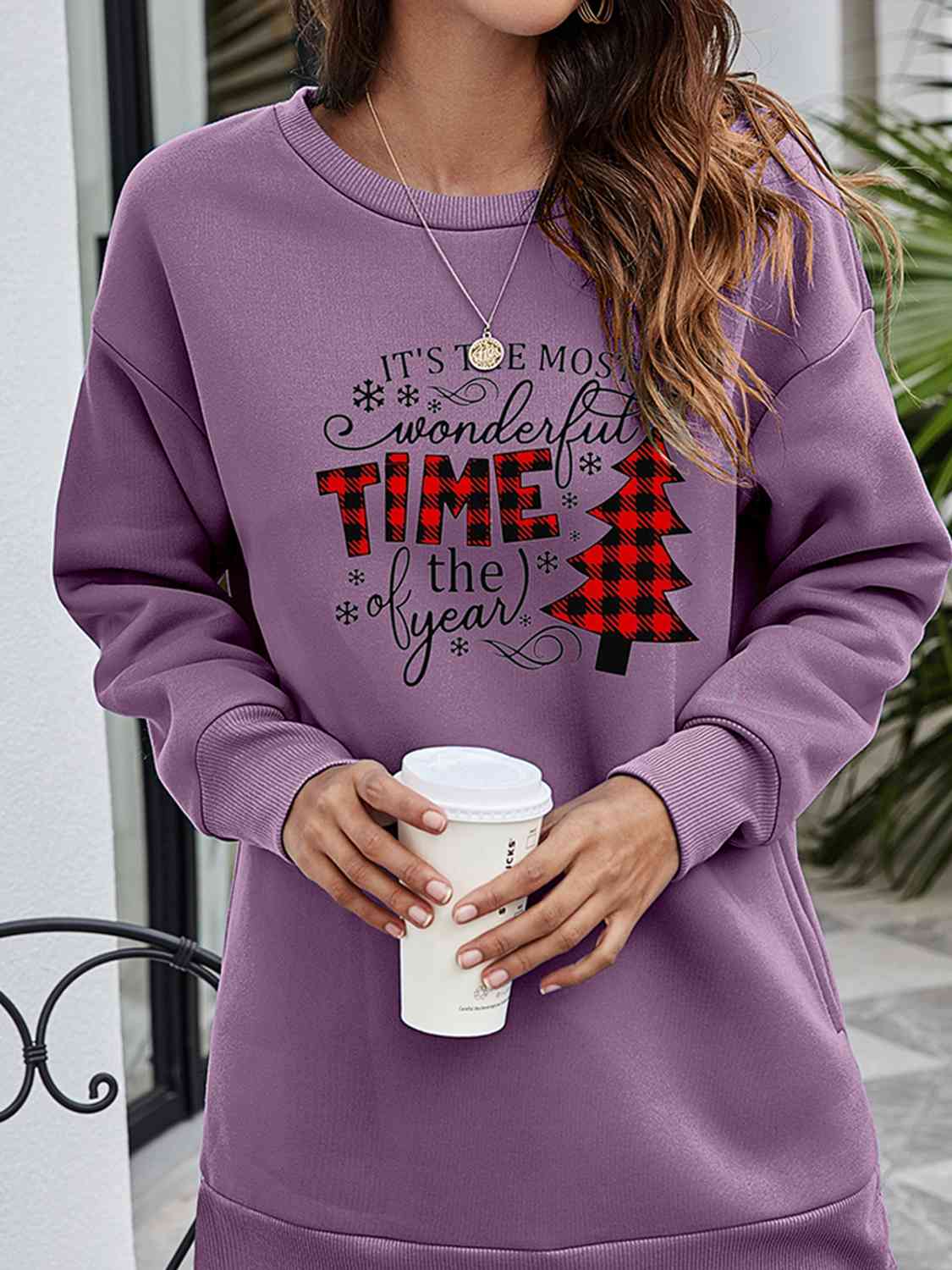 TEEK - Christmas Tree Time Drop Shoulder Sweatshirt TOPS TEEK Trend Dusty Purple S 