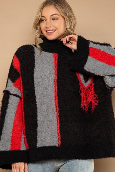 TEEK - Black/Red Turtleneck Color Block Fringe Sweater SWEATER TEEK Trend S  