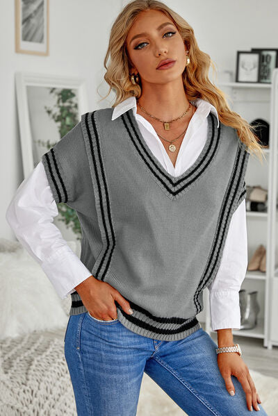TEEK - Striped V-Neck Short Sleeve Sweater SWEATER TEEK Trend Cloudy Blue S 