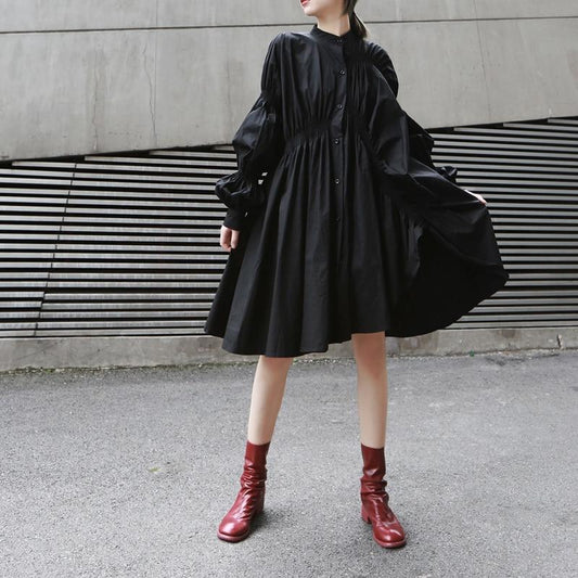 TEEK - Long Sleeve Pleated Black Shirt Dress DRESS TEEK M Default Title  