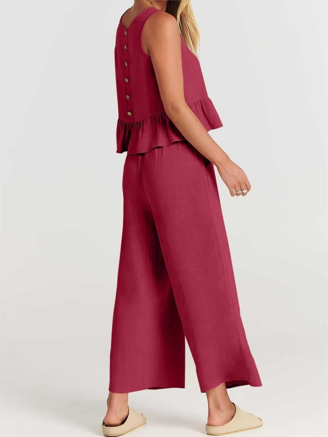 TEEK - Ruffle Bottom Top and Wide Leg Pants Set SET TEEK Trend Deep Rose S 