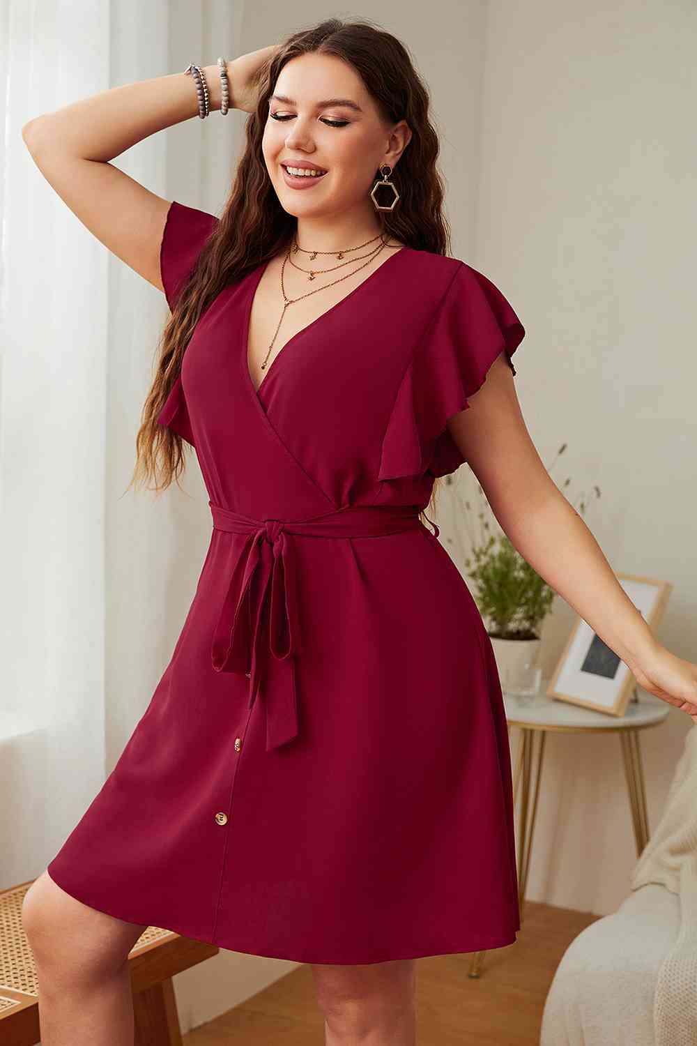 TEEK - Deep Red Plus Size Tie Waist Dress DRESS TEEK Trend   