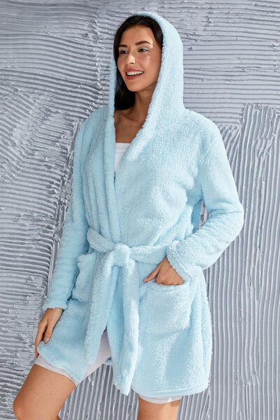 TEEK - Fuzzy Tied Pocketed Hooded Lounge Robe ROBE TEEK Trend Pastel  Blue S 