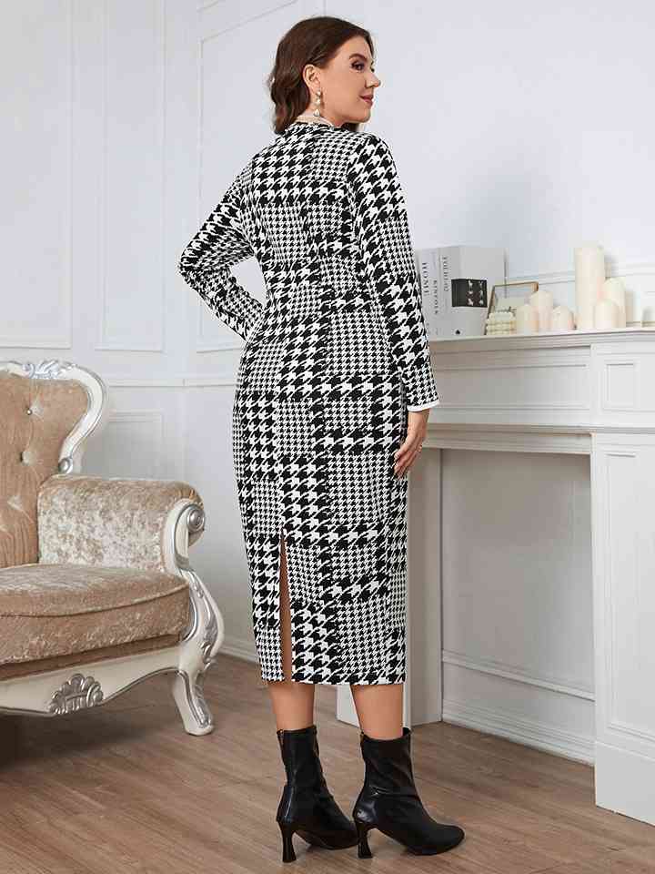 TEEK - Plus Size Houndstooth Long Sleeve Dress DRESS TEEK Trend   