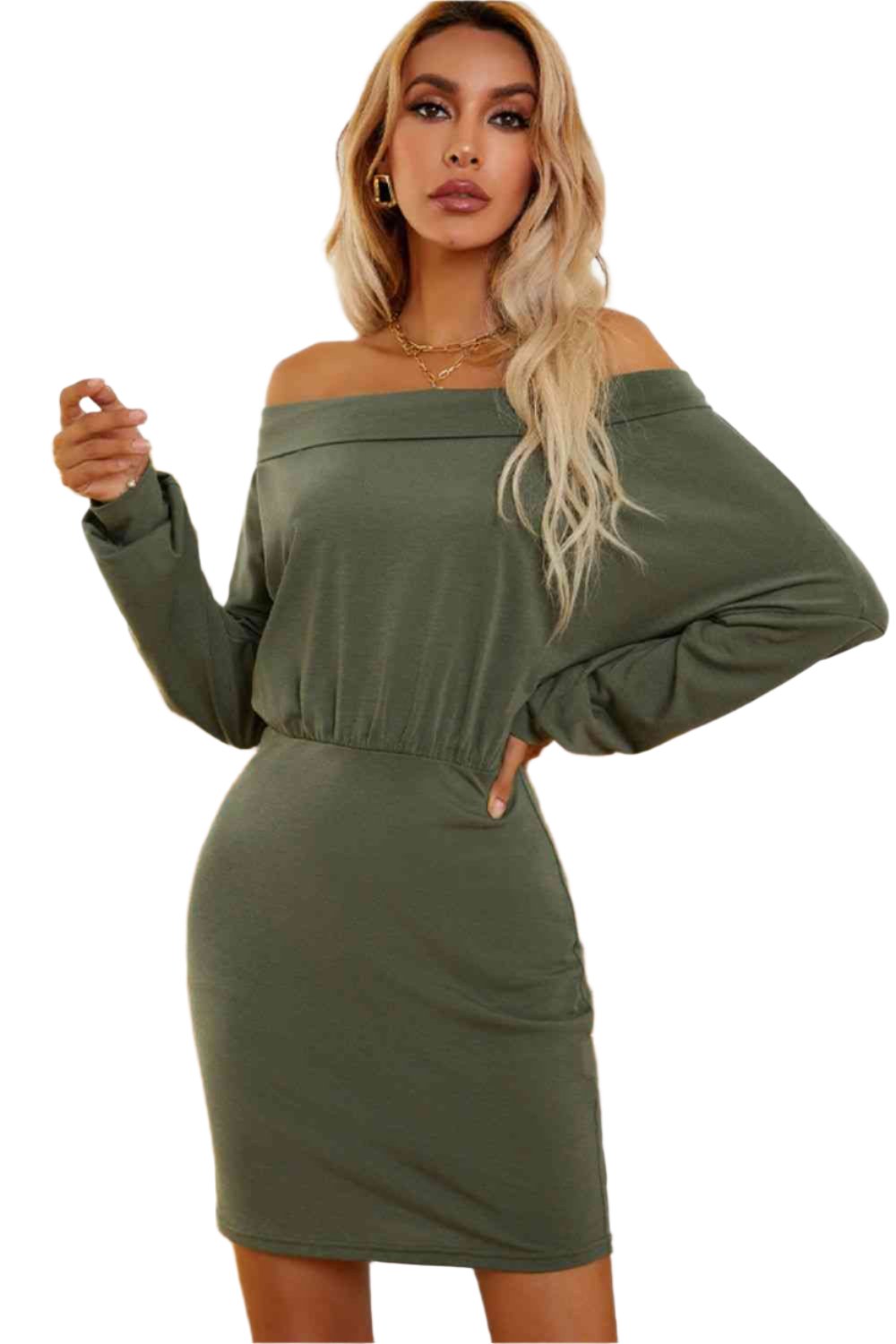 TEEK - Army Green Off-Shoulder Long Sleeve Dress DRESS TEEK Trend S  