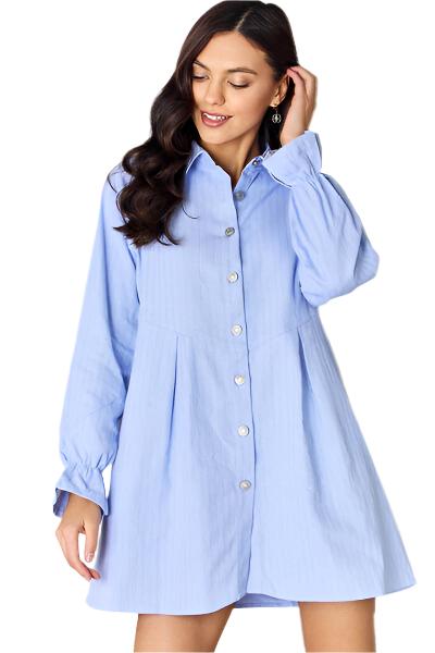 TEEK - Button Up Collared Denim Dress DRESS TEEK Trend Misty  Blue S 