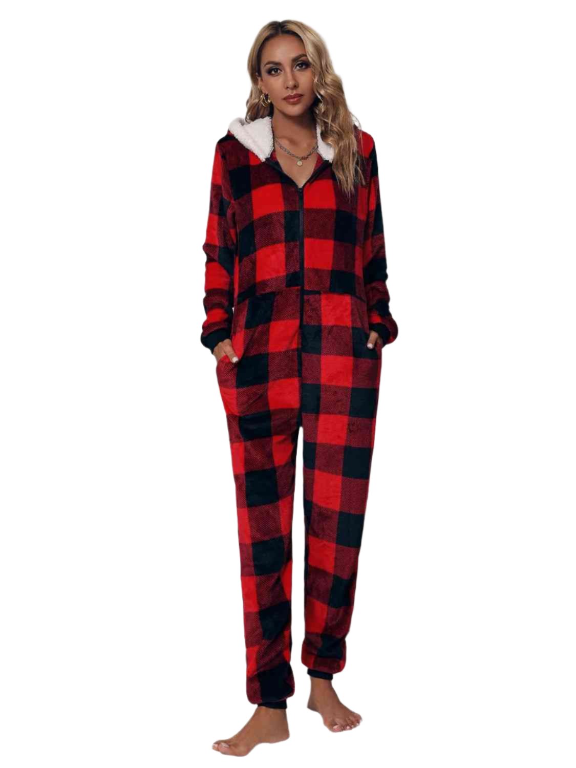 TEEK - Plaid Zip Front Long Sleeve Hooded Jumpsuit JUMPSUIT TEEK Trend S  