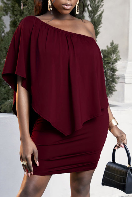 TEEK - Plus Size Wine One-Shoulder Half Sleeve Dress DRESS TEEK Trend XL  
