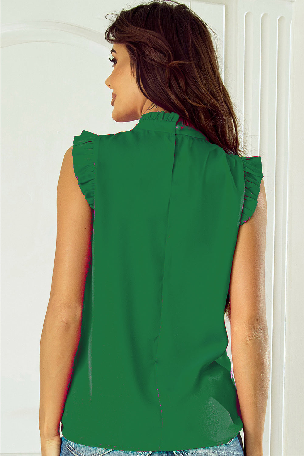 TEEK - Green Ruffled Mock Neck Cap Sleeve Blouse TOPS TEEK Trend   