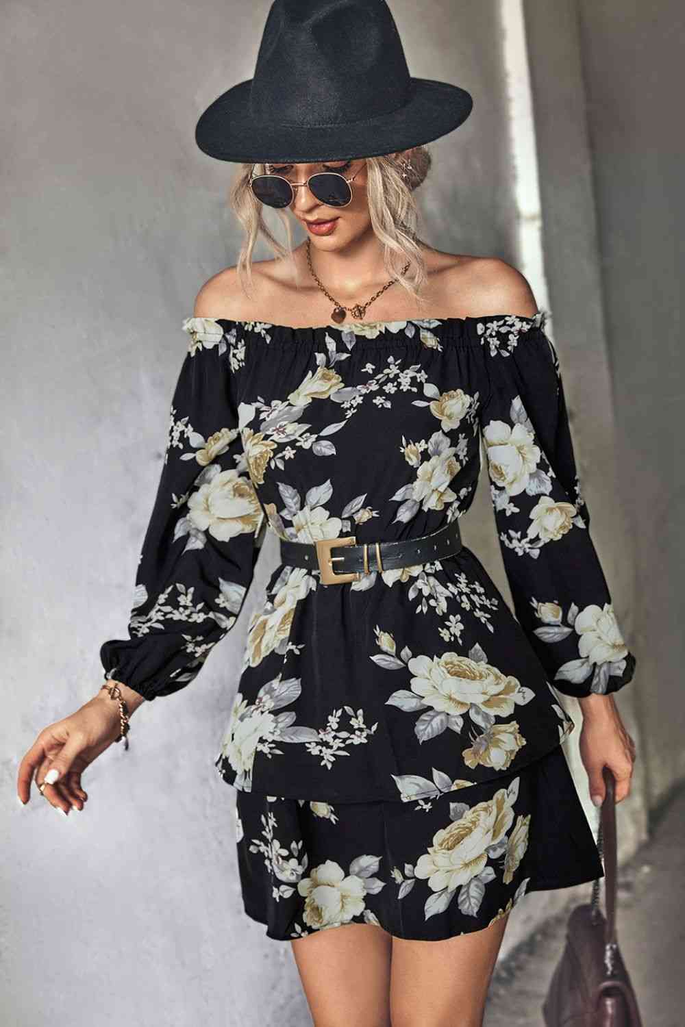 TEEK - Floral Off-Shoulder Layered Dress DRESS TEEK Trend Black S 