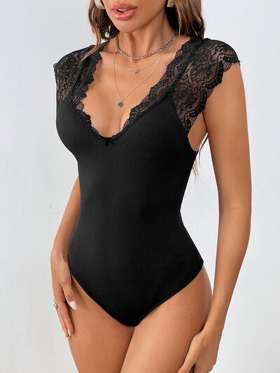 TEEK - Black Lace Detail V-Neck Sleeveless Bodysuit LINGERIE TEEK Trend   