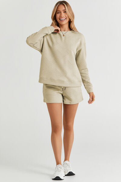 TEEK - Texture Long Sleeve Top and Drawstring Shorts Set SET TEEK Trend   