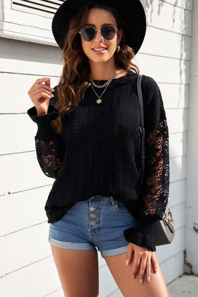 TEEK - Lace Lantern Sleeve Dropped Shoulder Sweater SWEATER TEEK Trend Black S 