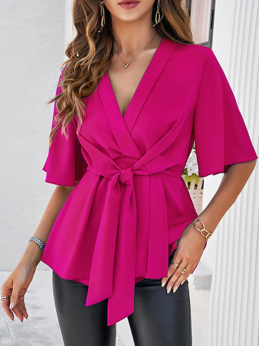 TEEK - Tie Waist Half Sleeve Blouse TOPS TEEK Trend Hot Pink S 