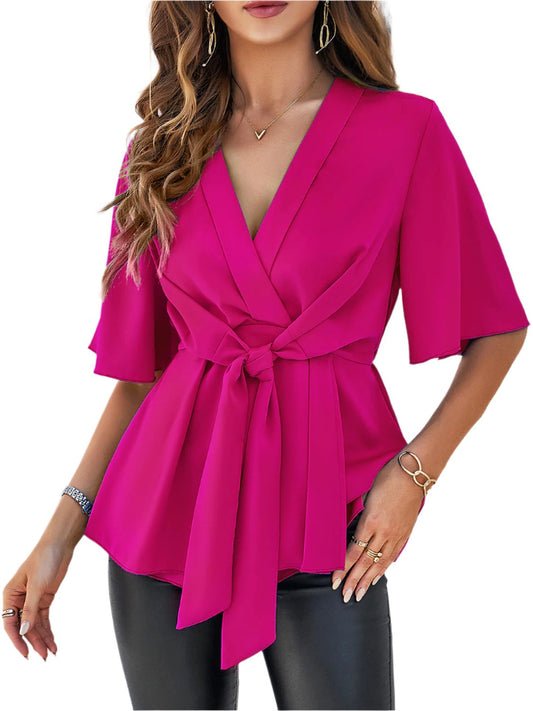 TEEK - Tie Waist Half Sleeve Blouse TOPS TEEK Trend Hot Pink S 