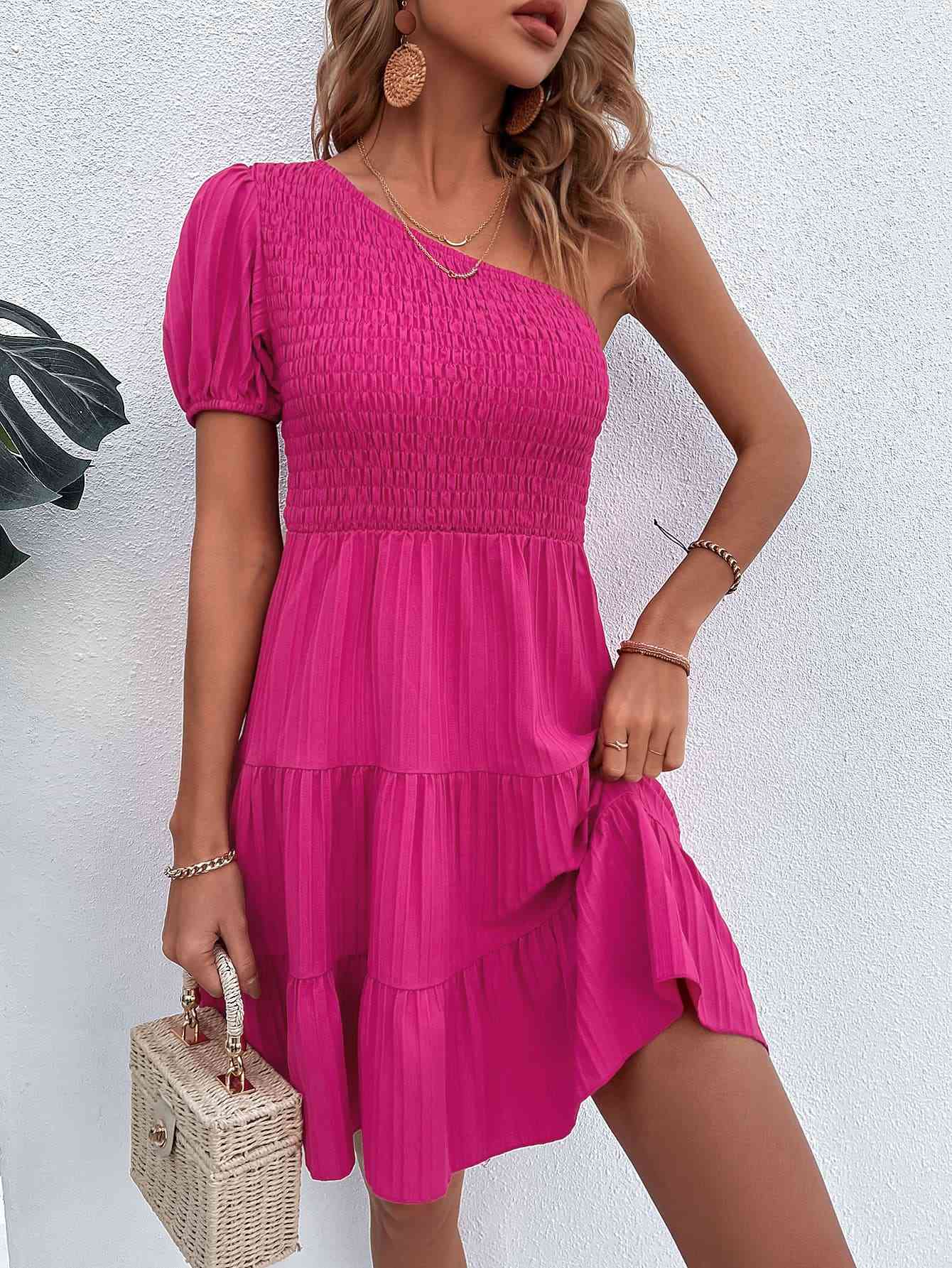 TEEK - Deep Rose One-Shoulder Smocked Tiered Dress DRESS TEEK Trend   