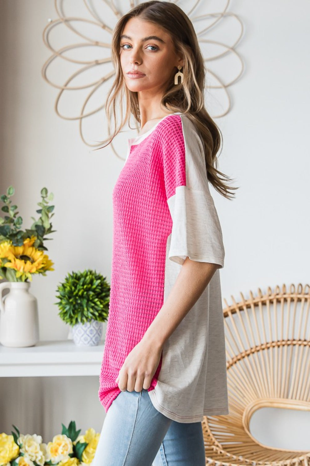 TEEK - Fuchsia Contrast Waffle-Knit Half Sleeve Blouse TOPS TEEK Trend   