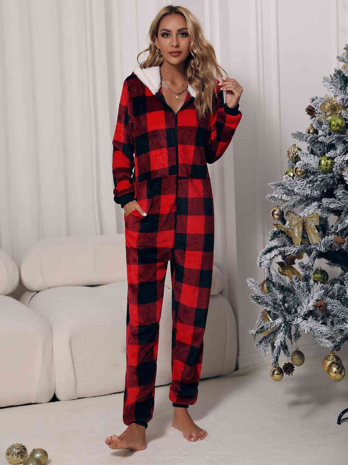 TEEK - Plaid Zip Front Long Sleeve Hooded Jumpsuit JUMPSUIT TEEK Trend   