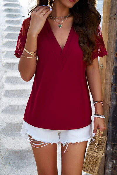 TEEK - Embroidered Lace Sleeve V-Neck Top TOPS TEEK Trend Wine S 