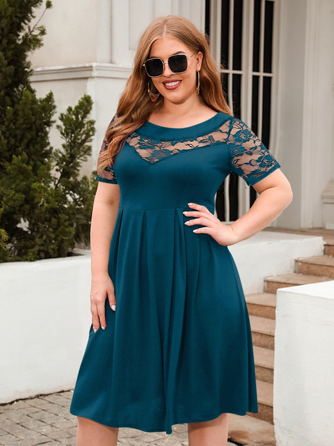 TEEK - Plus Size Ruched Lace Chest Short Sleeve Dress DRESS TEEK Trend Deep Teal 1XL 