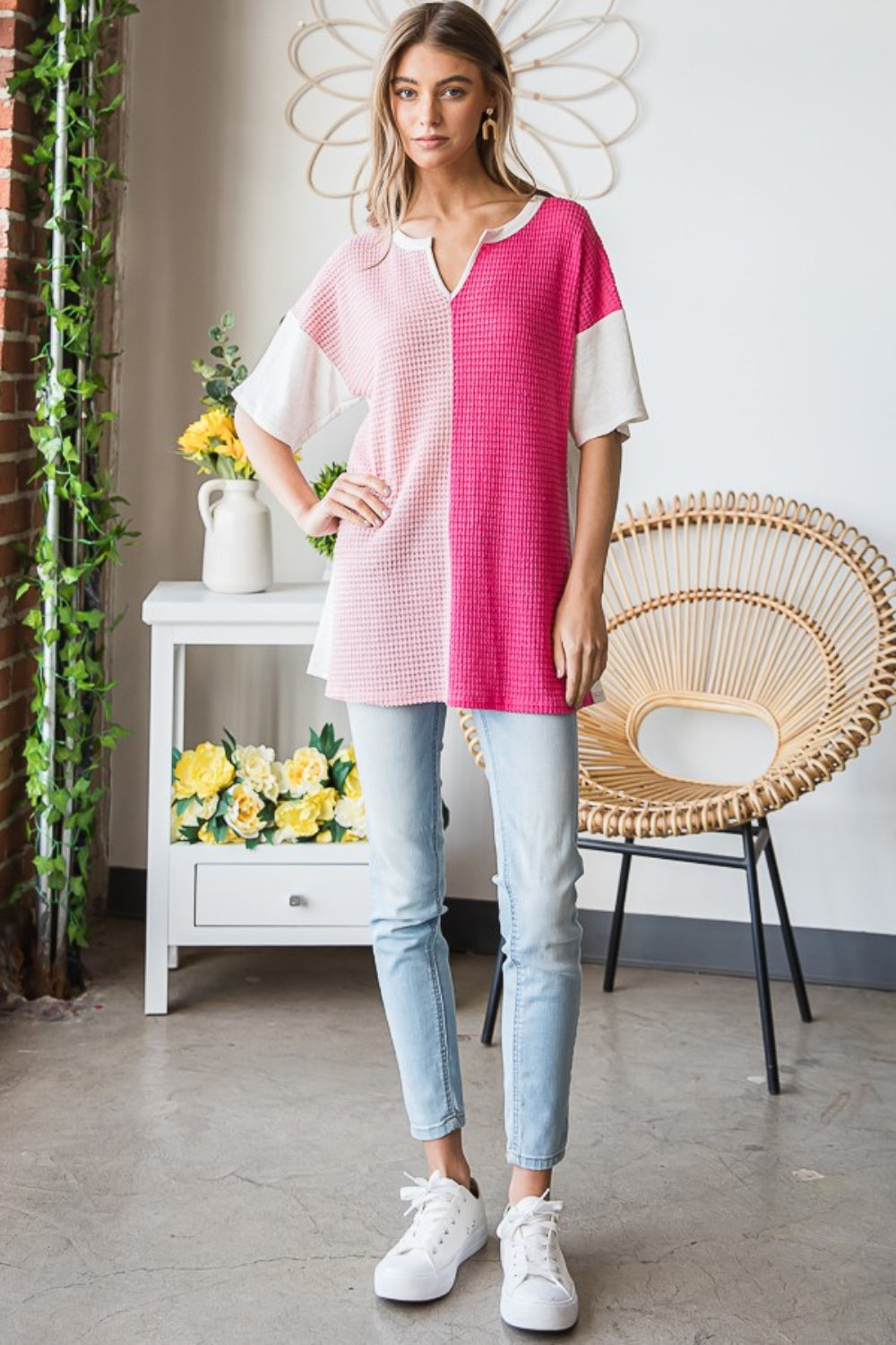 TEEK - Fuchsia Contrast Waffle-Knit Half Sleeve Blouse TOPS TEEK Trend   