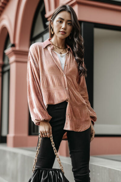 TEEK - Ruched Button Up Collared Shirt TOPS TEEK Trend   