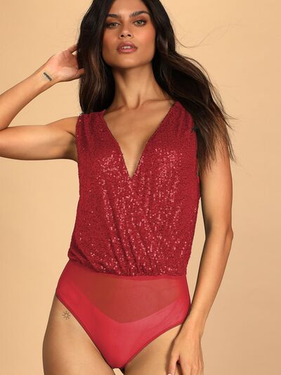 TEEK - Sequin Plunge Sleeveless Bodysuit TOPS TEEK Trend Deep Red S 