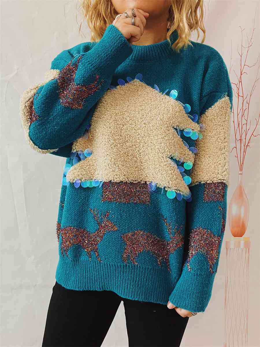 TEEK - Sequin Christmas Tree & Reindeer Sweater SWEATER TEEK Trend   