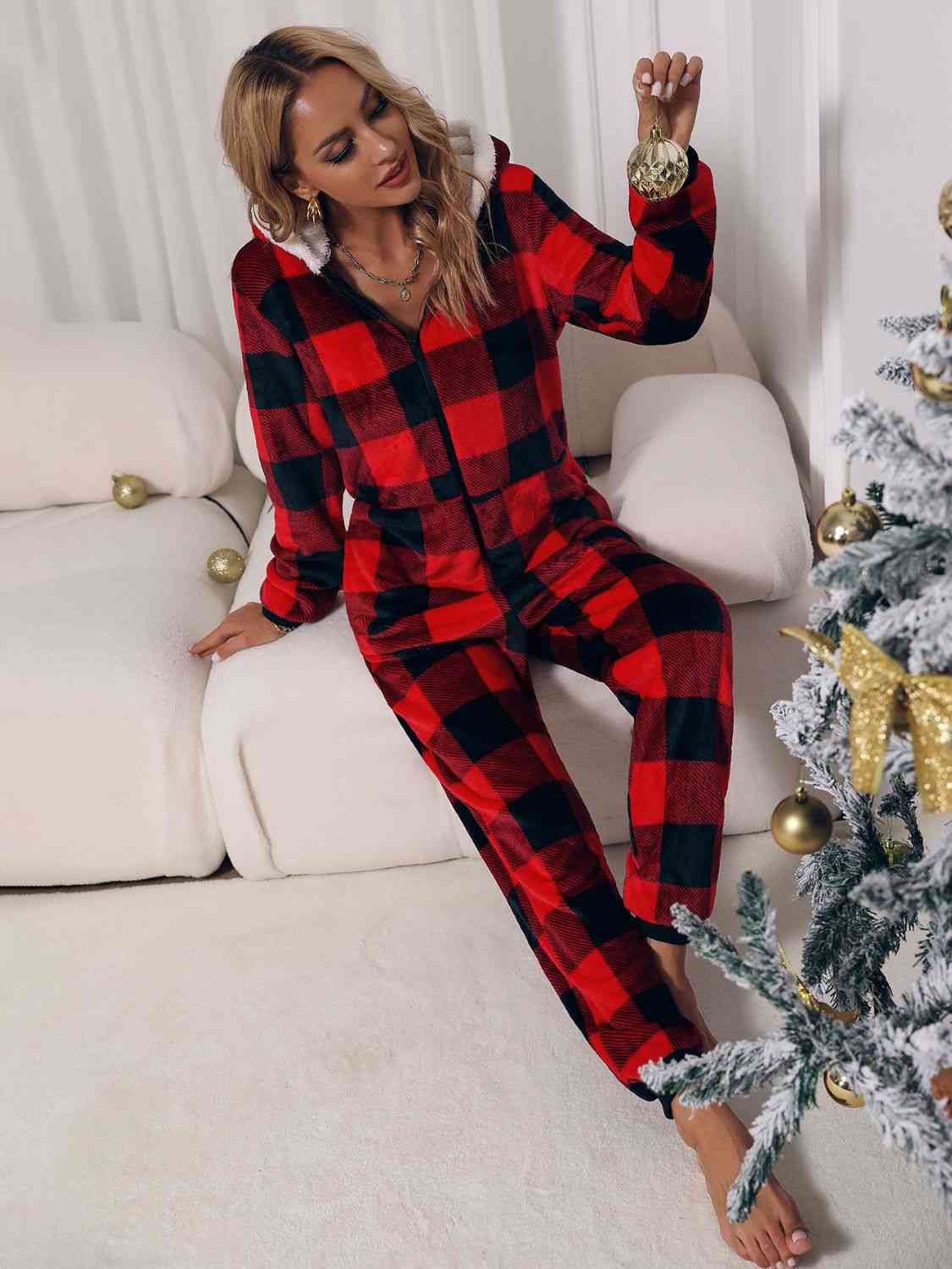 TEEK - Plaid Zip Front Long Sleeve Hooded Jumpsuit JUMPSUIT TEEK Trend   