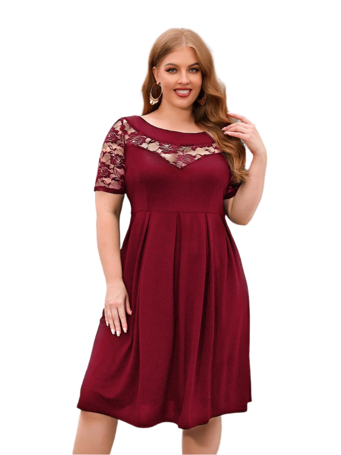 TEEK - Plus Size Ruched Lace Chest Short Sleeve Dress DRESS TEEK Trend Wine 1XL 